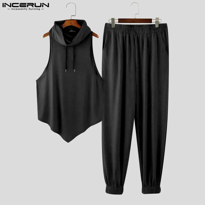 INCERUN 2024 American Style Sets Fashion Men's Sleeveless Sweatshirt Pants Casual Pile Neck Design Irregular Hem Two-piece Sets