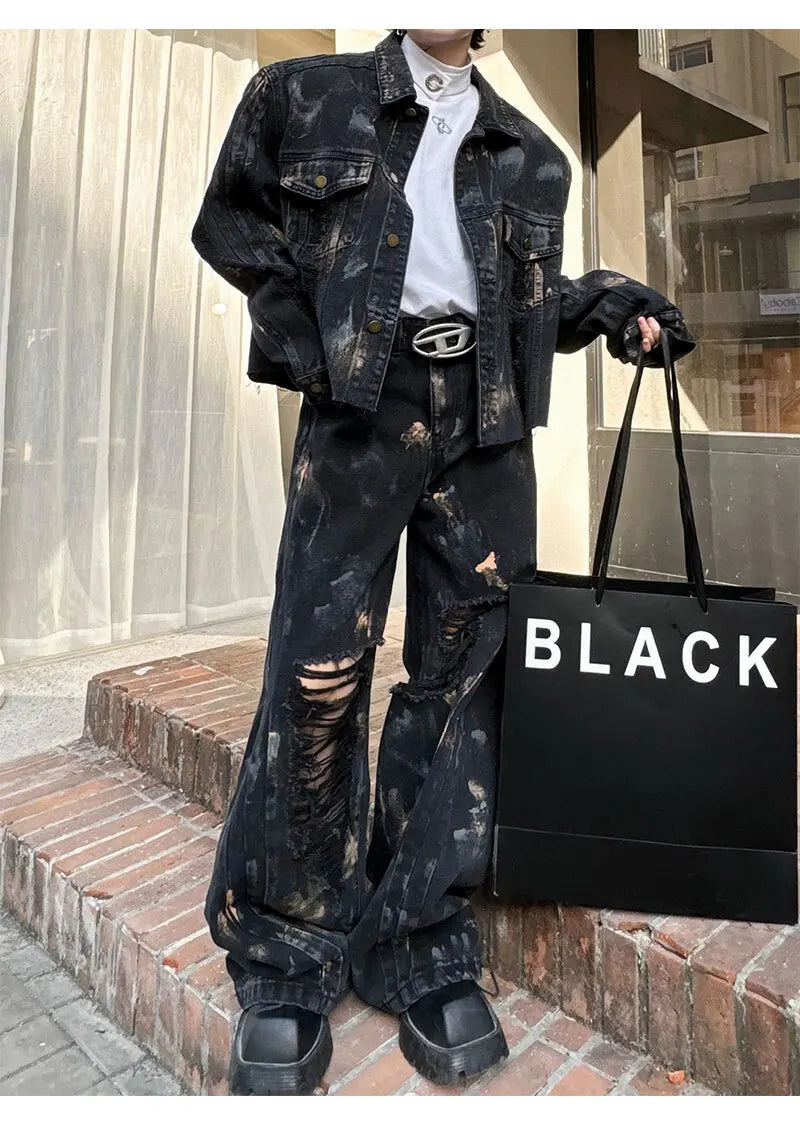 PFNW Niche Colorful Brushed Black Denim Set Men's Loose Jacket + Ripped Straight Denim Trousers Men's Casual Two Pieces 24X4260