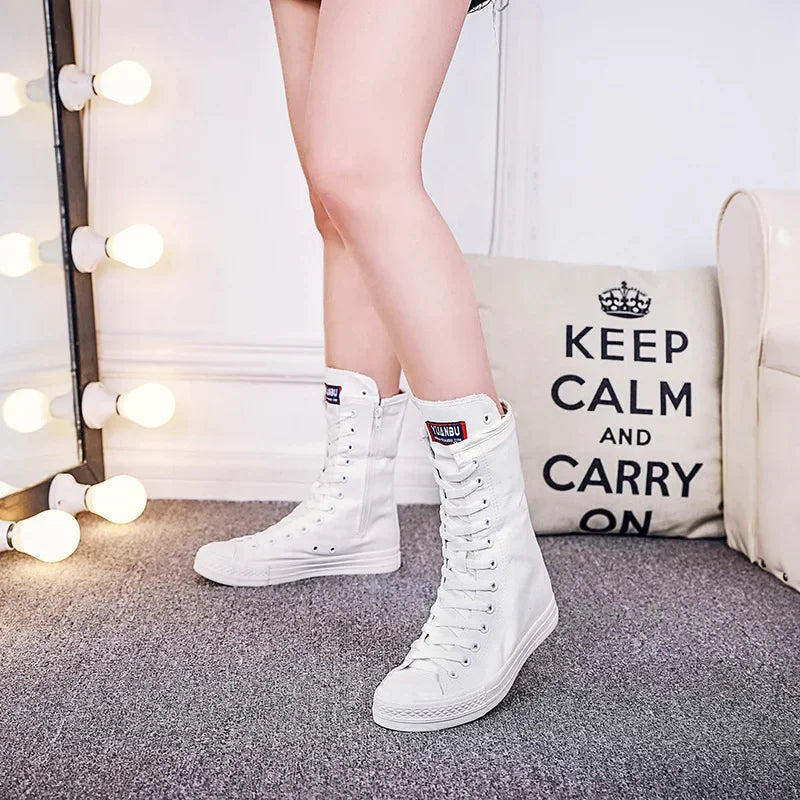 Canvas Long Boots for Women High Top Women Canvas Shoes Lace Up Knee High Boots Flats Casual Vulcanized Shoes Sneakers Girls