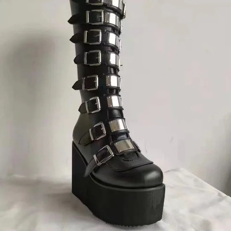 Women Boots Plus Size 2024 New Platform Thick Heel Boots Women Punk Gothic Black Buckle Shoes Woman Fashion Women's Boots