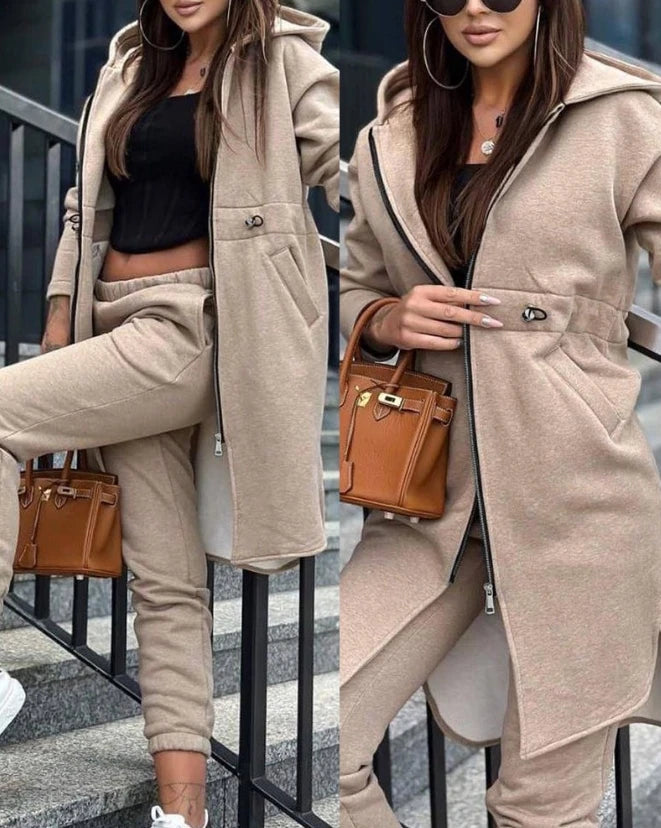 Women's Sweatpants Sets 2023 New Autumn/winter Fashion Zipper Design Longline Hooded Coat & Casual Cuffed Pants Two Piece Suit