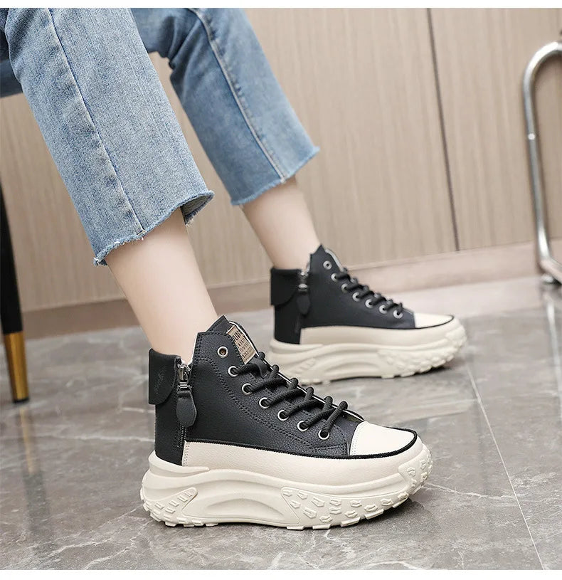 Women Boots High Top Winter Plush 2024 New Round Toe Thick Sole Height Increasing Lace Up Zipper Platform Casual Shoe Warm Boots