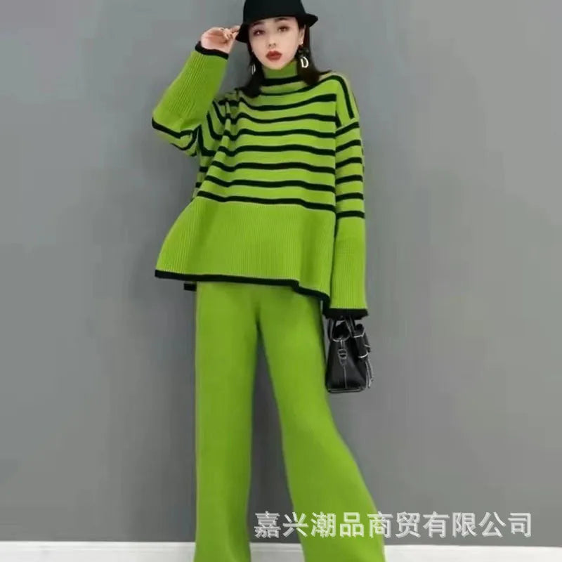 Autumn and Winter Two Piece Set for Women Turtleneck Sweater Loose Stripes Tops+Pant Sets Lazy Sweater for Women Wide Leg Pants