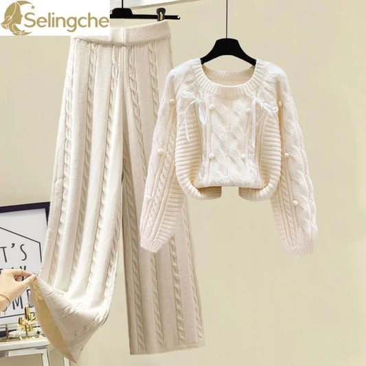 Winter New Round Neck Long Sleeve Knitted Sweater Fried Dough Twists Knitted Wide Leg Pants Two Piece Elegant Women's Pants Set