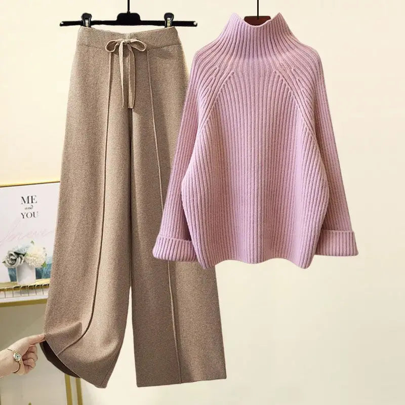 Autumn Winter New Loose Semi High Neck Long Sleeved Knitted Sweater Plush Wide Leg Pants Two-piece Set Elegant Women's Pants Set