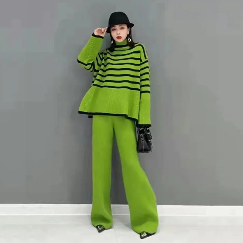 Autumn and Winter Two Piece Set for Women Turtleneck Sweater Loose Stripes Tops+Pant Sets Lazy Sweater for Women Wide Leg Pants