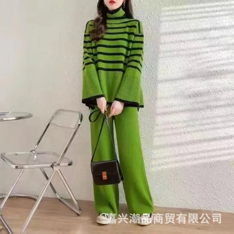 Autumn and Winter Two Piece Set for Women Turtleneck Sweater Loose Stripes Tops+Pant Sets Lazy Sweater for Women Wide Leg Pants