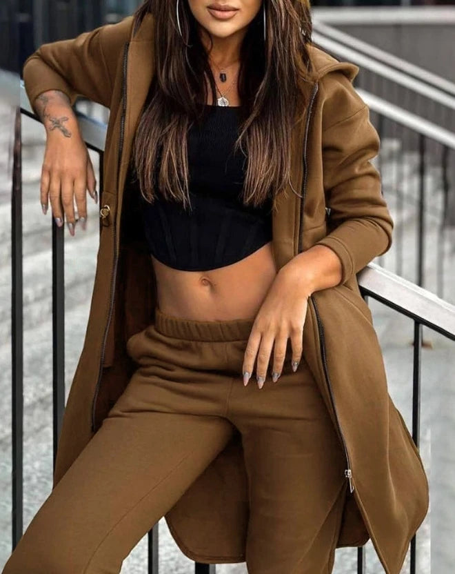 Women's Sweatpants Sets 2023 New Autumn/winter Fashion Zipper Design Longline Hooded Coat & Casual Cuffed Pants Two Piece Suit