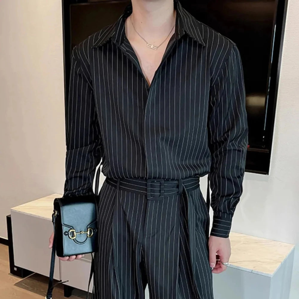 Mens Suit Vertical Stripes Long Sleeved Shirt Waist Belt Vintage Style Autumn New Trend Fitting Straight Leg Pants Two-Piece Set