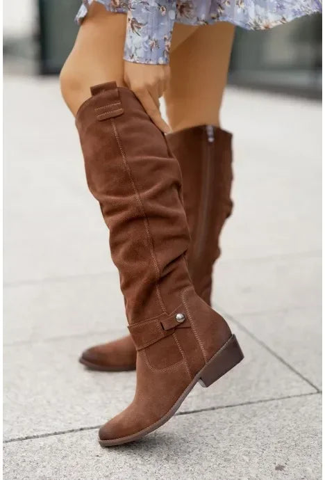 Low Heel Side Zip Size 43 Suede Thigh High Women's Boots Retro Woman Booties Autumn Winter Knee High Boots 2024