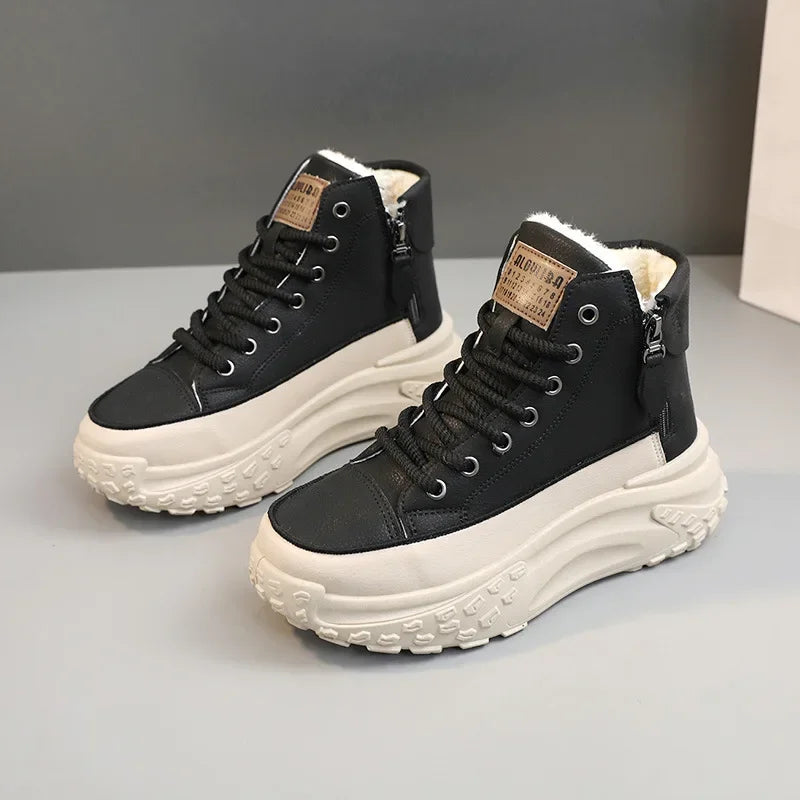 Women Boots High Top Winter Plush 2024 New Round Toe Thick Sole Height Increasing Lace Up Zipper Platform Casual Shoe Warm Boots