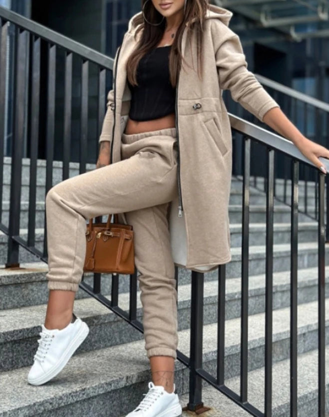 Women's Sweatpants Sets 2023 New Autumn/winter Fashion Zipper Design Longline Hooded Coat & Casual Cuffed Pants Two Piece Suit