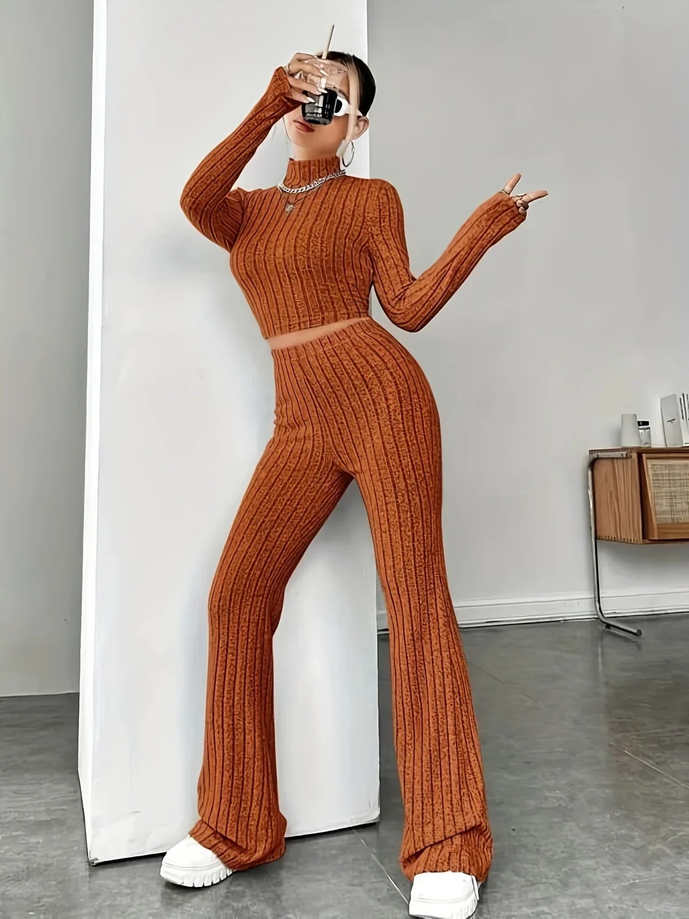 2024 Spring Knitted 2 Piece Sets Women Tracksuit Long Sleeve Vintage Sweater Crop Top Flare Pants Stretch Matching Suit Outfit