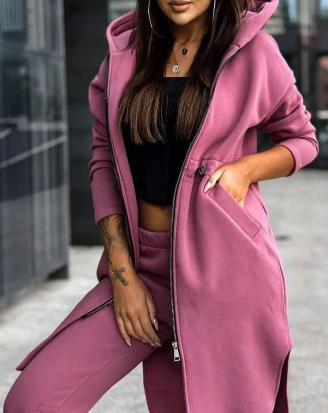 Women's Sweatpants Sets 2023 New Autumn/winter Fashion Zipper Design Longline Hooded Coat & Casual Cuffed Pants Two Piece Suit