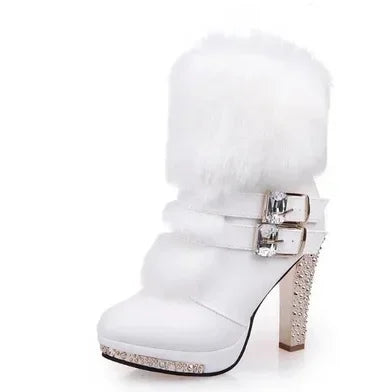 Women Cute Sweet High Quality White Pu Leather High Heel Boots Lady Casual Autumn & Winter Warm Boots Cool Shoes