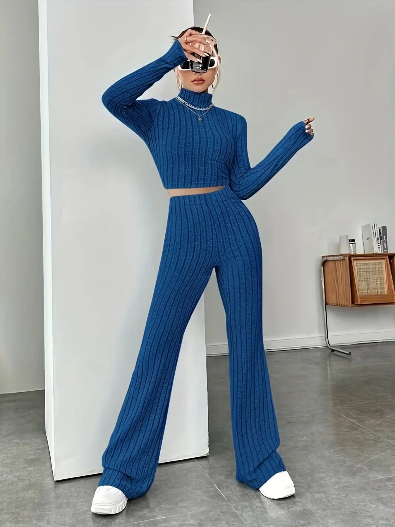 2024 Spring Knitted 2 Piece Sets Women Tracksuit Long Sleeve Vintage Sweater Crop Top Flare Pants Stretch Matching Suit Outfit