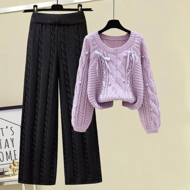 Winter New Round Neck Long Sleeve Knitted Sweater Fried Dough Twists Knitted Wide Leg Pants Two Piece Elegant Women's Pants Set