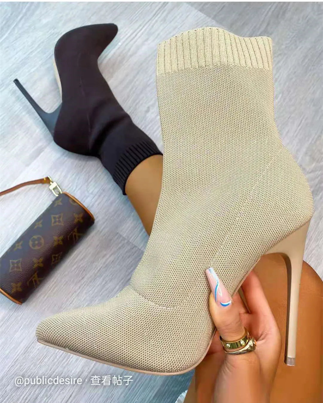 Women Boots Short High Heels Shoes For Women Autumn Winter Botas Mujer Knitted Ankle Boots Black Sock Women Heels Boots Female