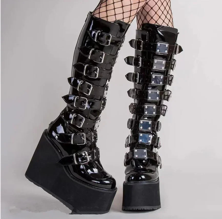 Women Boots Plus Size 2024 New Platform Thick Heel Boots Women Punk Gothic Black Buckle Shoes Woman Fashion Women's Boots