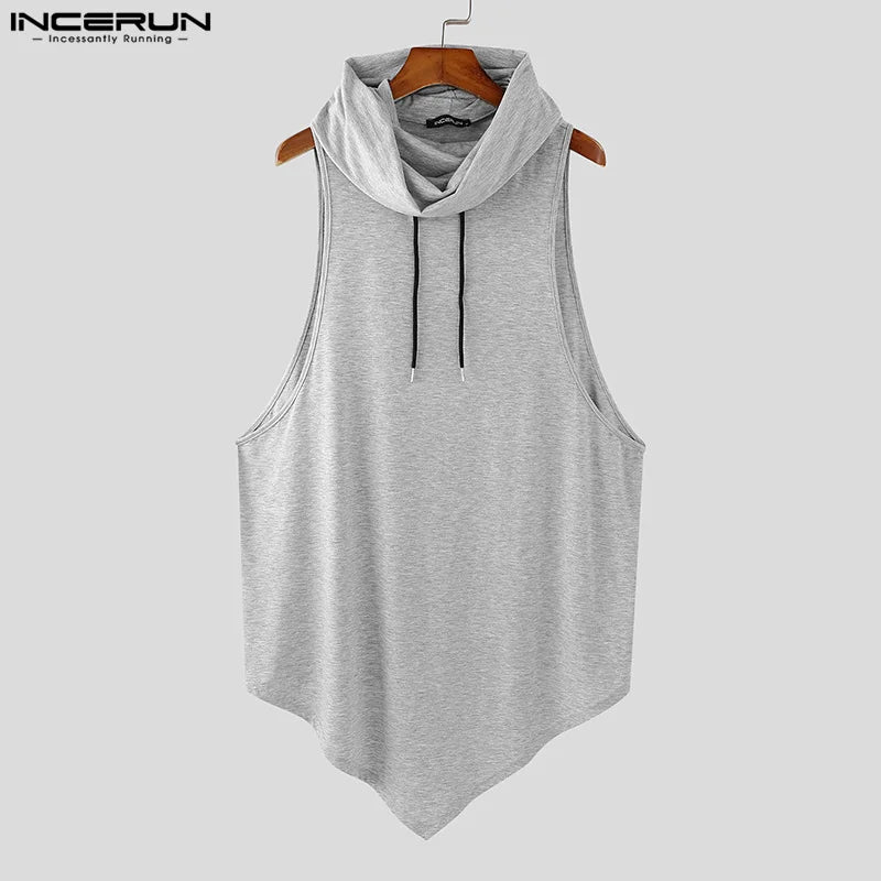 INCERUN 2024 American Style Sets Fashion Men's Sleeveless Sweatshirt Pants Casual Pile Neck Design Irregular Hem Two-piece Sets