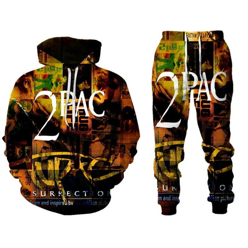 Rap Singer 2 PAC Tupac 3D Printed Hoodie Suit Men Sweatshirts Sweatpants Casual Fashion Two Piece Tracksuit Set Men's Clothing