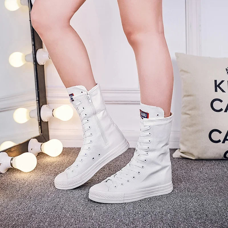 Canvas Long Boots for Women High Top Women Canvas Shoes Lace Up Knee High Boots Flats Casual Vulcanized Shoes Sneakers Girls