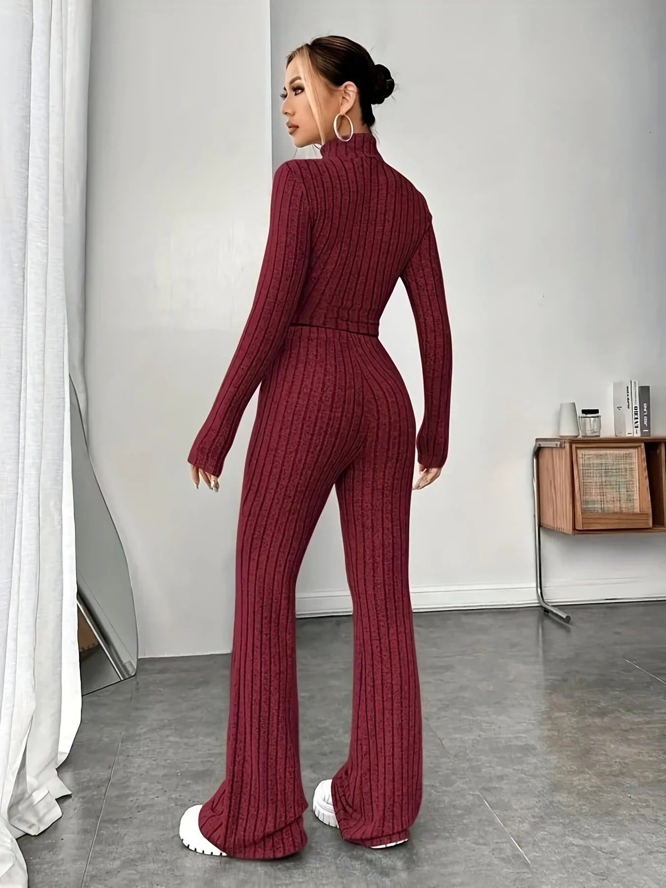 2024 Spring Knitted 2 Piece Sets Women Tracksuit Long Sleeve Vintage Sweater Crop Top Flare Pants Stretch Matching Suit Outfit