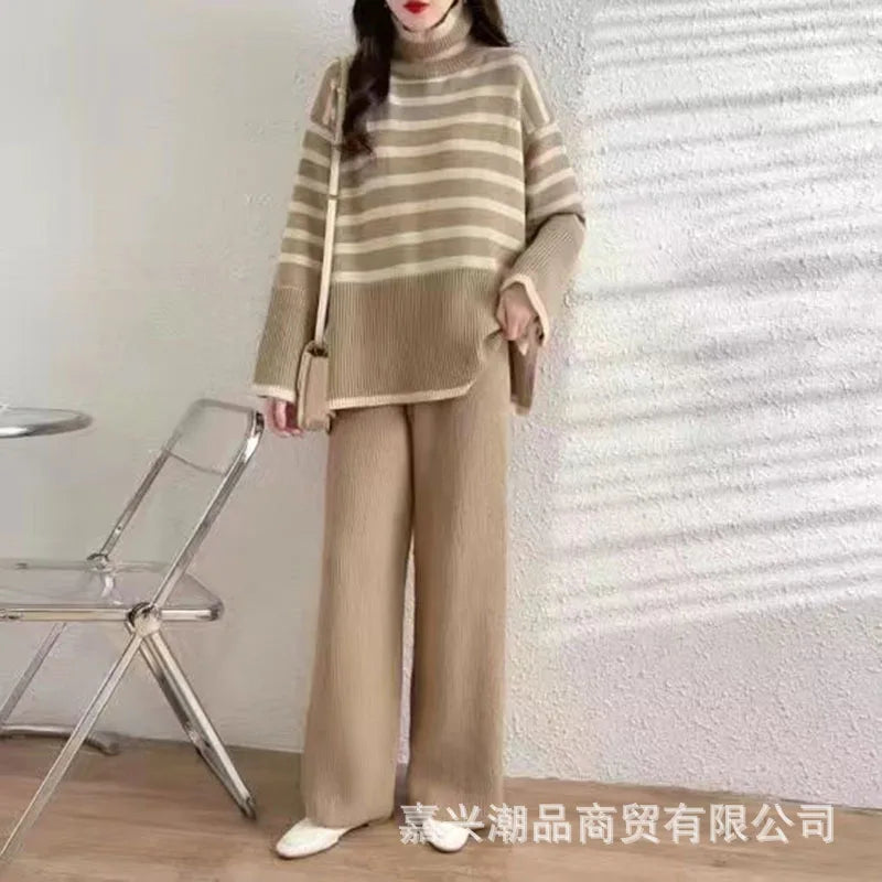 Autumn and Winter Two Piece Set for Women Turtleneck Sweater Loose Stripes Tops+Pant Sets Lazy Sweater for Women Wide Leg Pants