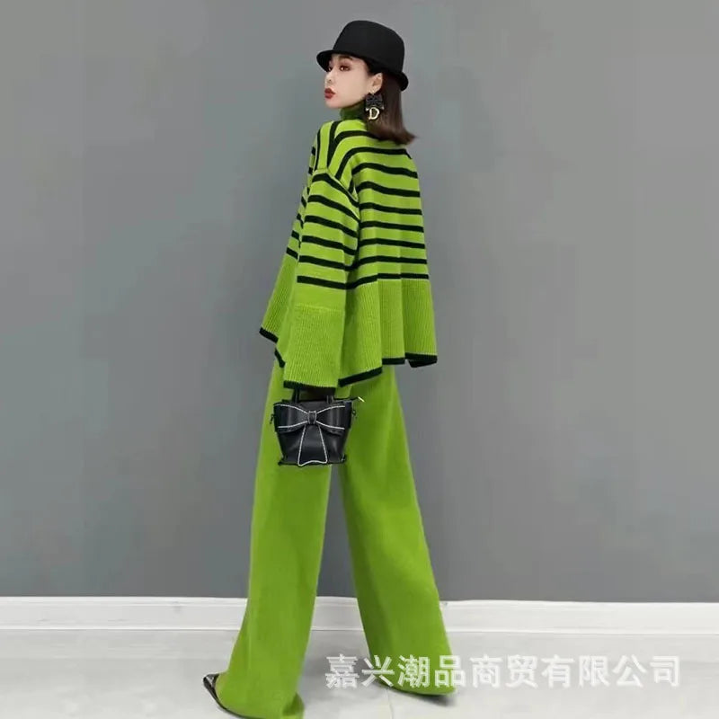 Autumn and Winter Two Piece Set for Women Turtleneck Sweater Loose Stripes Tops+Pant Sets Lazy Sweater for Women Wide Leg Pants