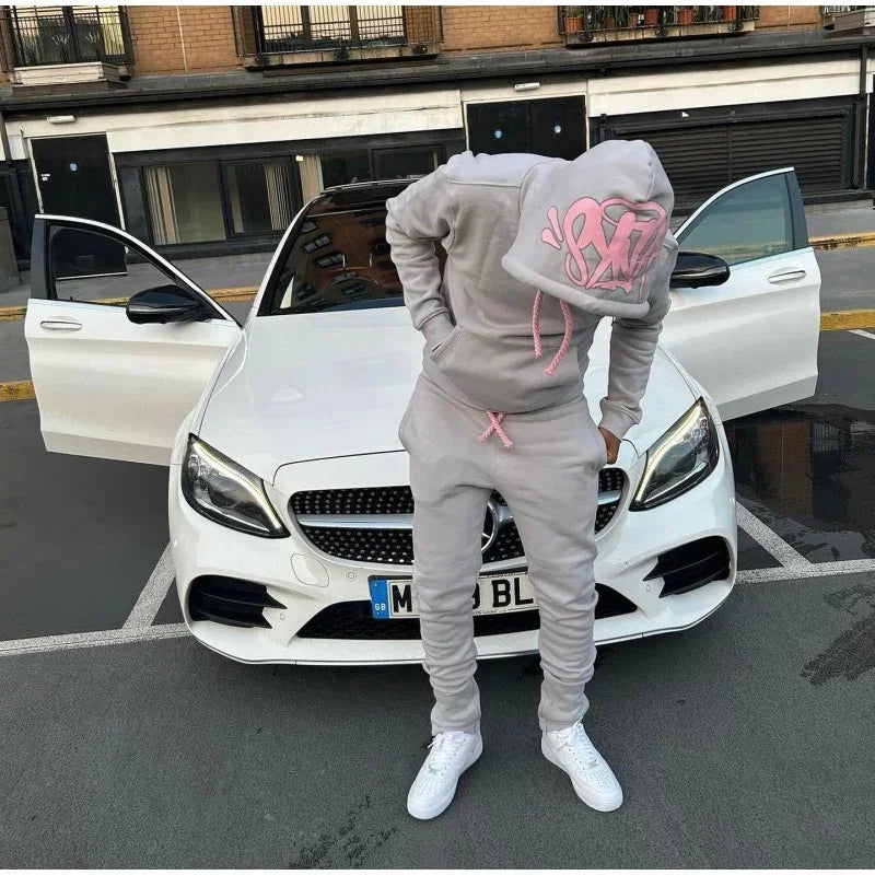 Y2k Street Men Hoodies Straight Pants 2 Piece Set Hip Hop Sports Hooded Pullover Trousers Casual Loose Cotton Printed Tracksuit