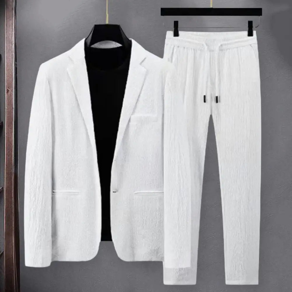 Men Two-piece Suit Striped Pleated Men Blazer Pants Set Pleated Drawstring Loose Lapel Pockets Thin Formal Business Men Set