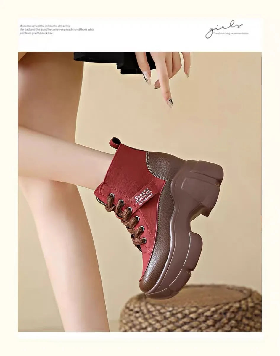 Women's Shoes on Sale High Quality Lace Up Women Boots Winter Round Toe Mixed Colors Short Barrel Platform Increase Height Boots