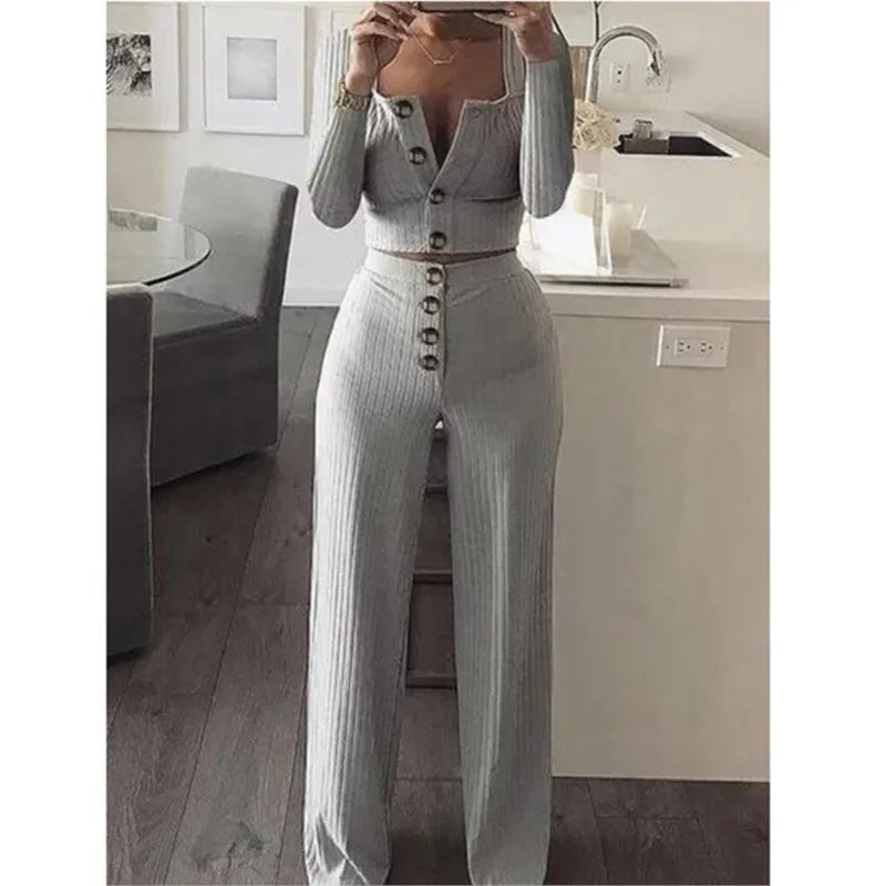 Button Solid Two Piece Set Women's Outfit Fashion Square Neck Long Sleeve Casual Short Cardigan Top & Buttoned Casual Pants Suit