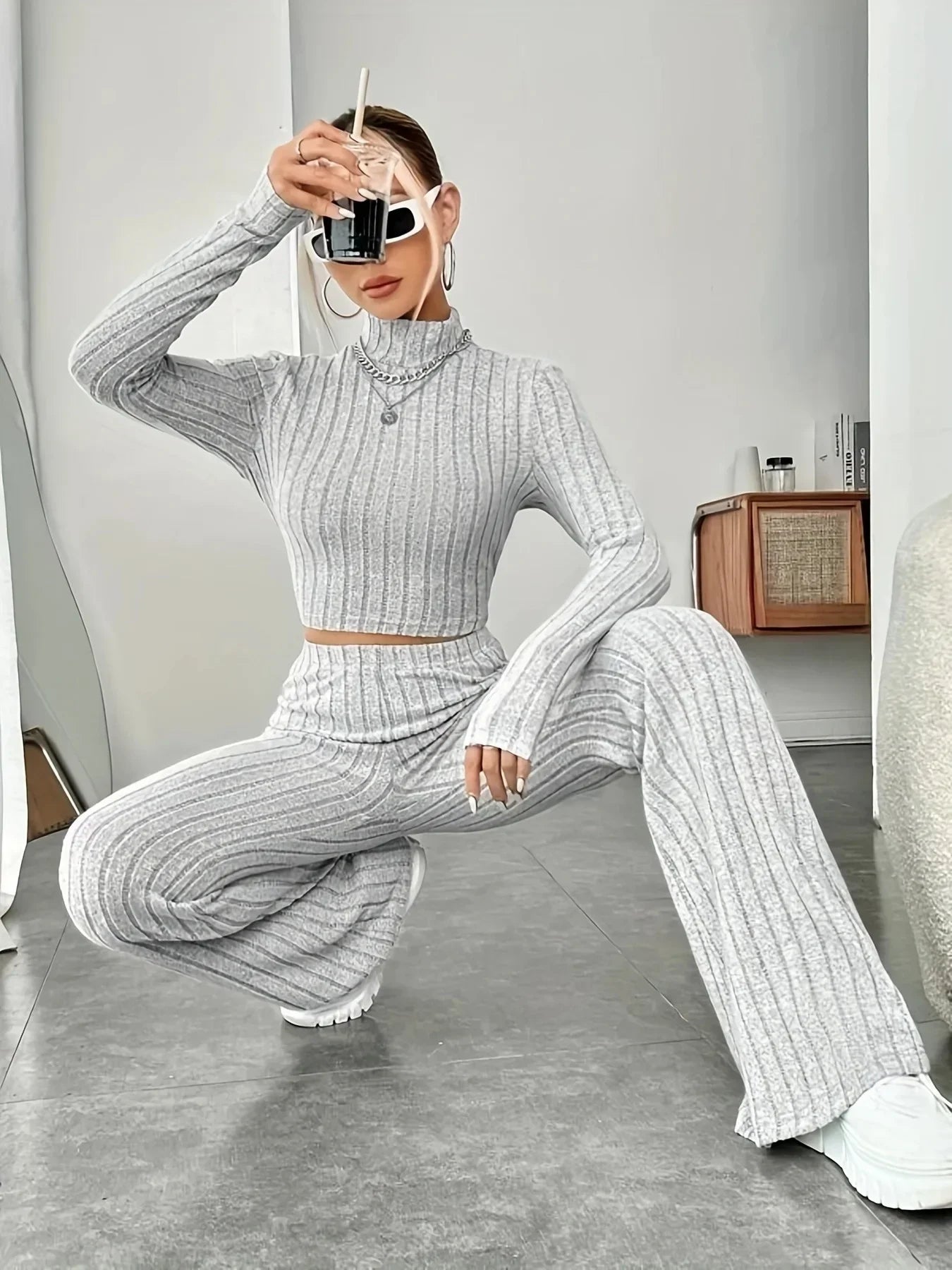 2024 Spring Knitted 2 Piece Sets Women Tracksuit Long Sleeve Vintage Sweater Crop Top Flare Pants Stretch Matching Suit Outfit