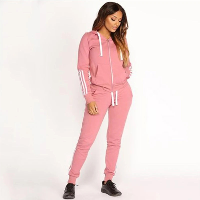 Women's striped sportswear two-piece casual long sleeved full zippered hoodie and pants sportswear set