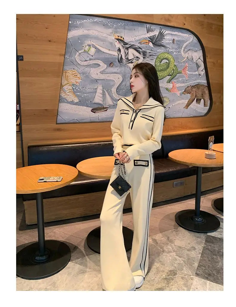 Fashion Suit Women's Autumn and Winter New Style Western-style Age Reducing Navy Collar Top Long Pants Two-piece Set