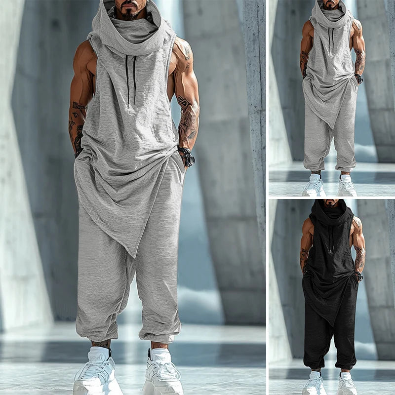 INCERUN 2024 American Style Sets Fashion Men's Sleeveless Sweatshirt Pants Casual Pile Neck Design Irregular Hem Two-piece Sets