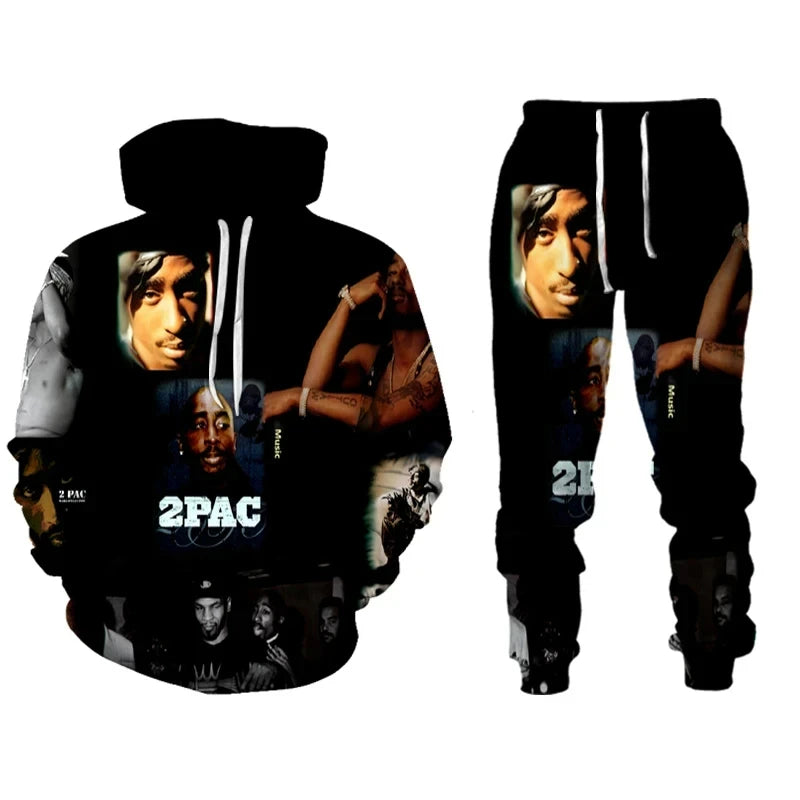 Rap Singer 2 PAC Tupac 3D Printed Hoodie Suit Men Sweatshirts Sweatpants Casual Fashion Two Piece Tracksuit Set Men's Clothing