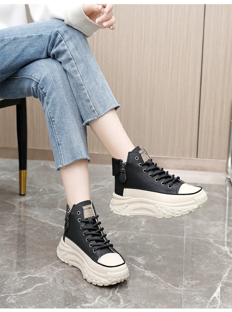 Women Boots High Top Winter Plush 2024 New Round Toe Thick Sole Height Increasing Lace Up Zipper Platform Casual Shoe Warm Boots