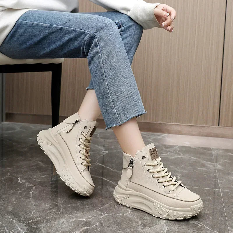 Women Boots High Top Winter Plush 2024 New Round Toe Thick Sole Height Increasing Lace Up Zipper Platform Casual Shoe Warm Boots