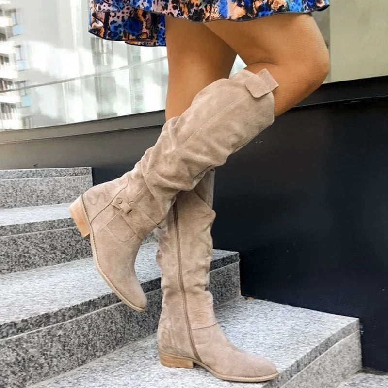 Low Heel Side Zip Size 43 Suede Thigh High Women's Boots Retro Woman Booties Autumn Winter Knee High Boots 2024