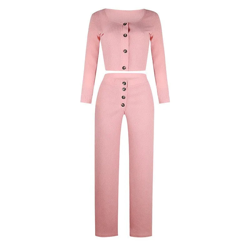 Button Solid Two Piece Set Women's Outfit Fashion Square Neck Long Sleeve Casual Short Cardigan Top & Buttoned Casual Pants Suit