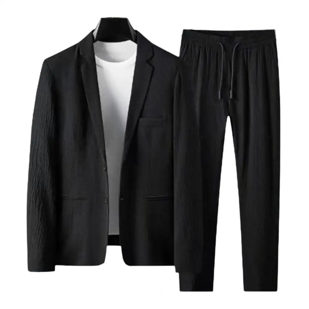 Men Two-piece Suit Striped Pleated Men Blazer Pants Set Pleated Drawstring Loose Lapel Pockets Thin Formal Business Men Set