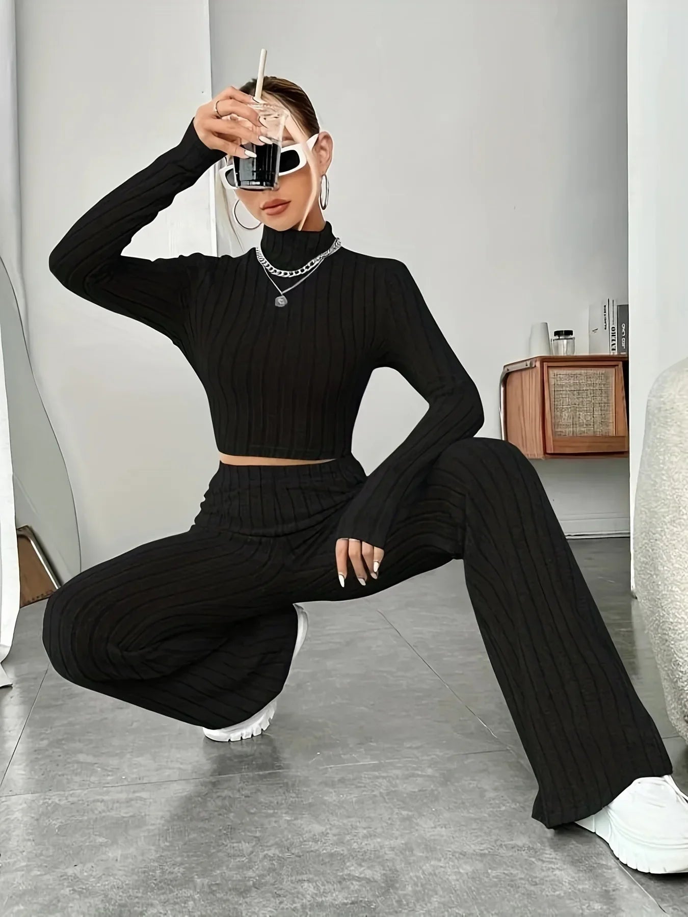 2024 Spring Knitted 2 Piece Sets Women Tracksuit Long Sleeve Vintage Sweater Crop Top Flare Pants Stretch Matching Suit Outfit