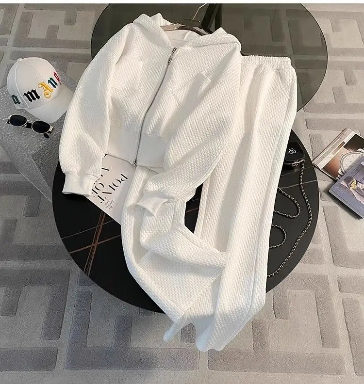 White Casual Sports Suit New Women's Loose and Age Reducing Thin Style Long Sleeved Hooded Sweatshirt Long Pants Two-piece Set