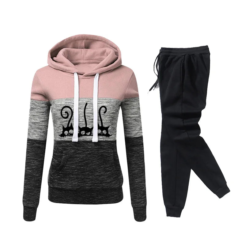 Hooded Sweatshirt Suit Cute Cat Printing Splicing Pullover Sweatpants 2 Pieces Set Autumn Winter Warm Clothing Womens Tracksuit