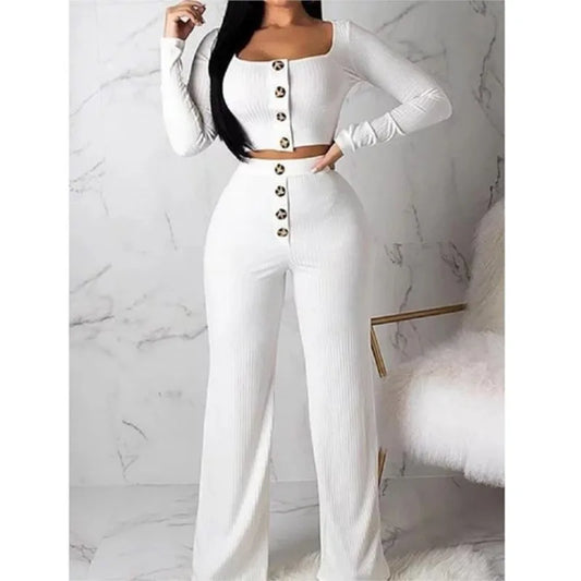 Button Solid Two Piece Set Women's Outfit Fashion Square Neck Long Sleeve Casual Short Cardigan Top & Buttoned Casual Pants Suit