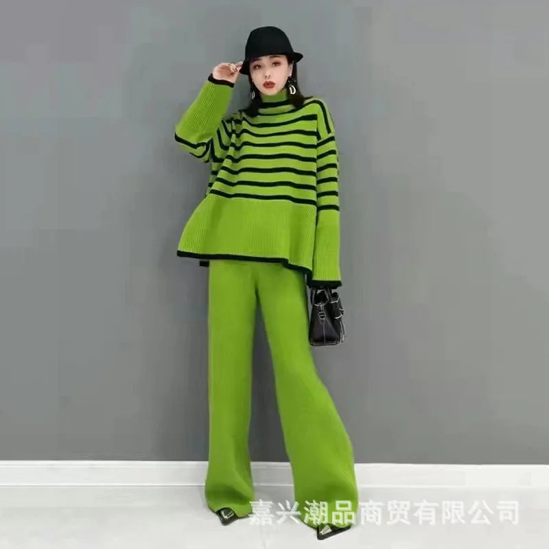 Autumn and Winter Two Piece Set for Women Turtleneck Sweater Loose Stripes Tops+Pant Sets Lazy Sweater for Women Wide Leg Pants