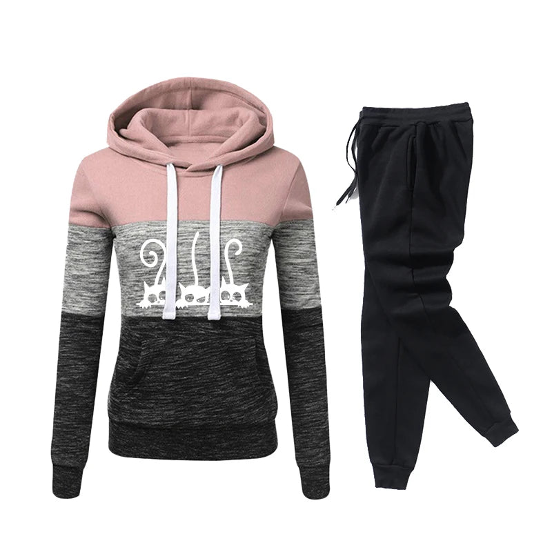 Hooded Sweatshirt Suit Cute Cat Printing Splicing Pullover Sweatpants 2 Pieces Set Autumn Winter Warm Clothing Womens Tracksuit