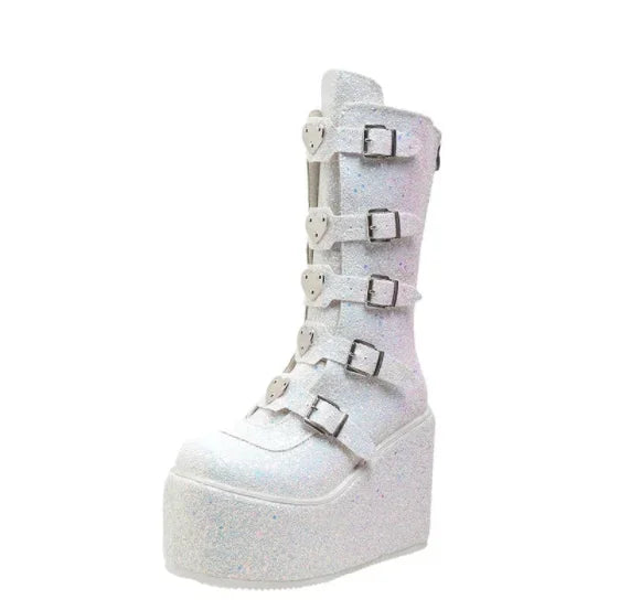 Women Boots Plus Size 2024 New Platform Thick Heel Boots Women Punk Gothic Black Buckle Shoes Woman Fashion Women's Boots